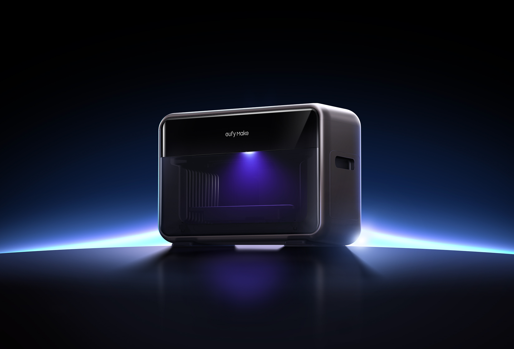 Eufy Make desktop 3D printer lit with internal purple light, sleek modern design