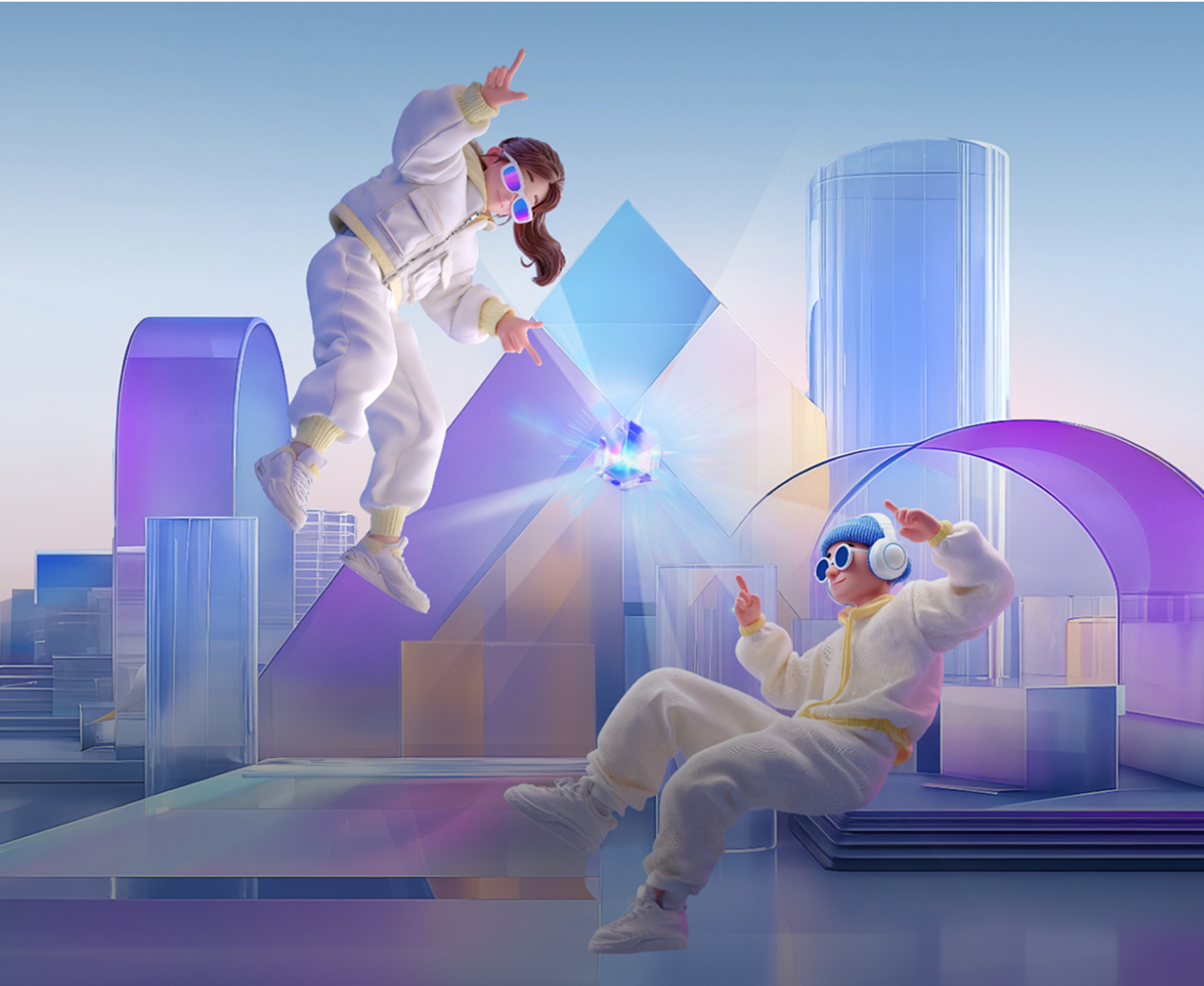 Two people in virtual reality headsets, futuristic cityscape, glowing geometric shapes